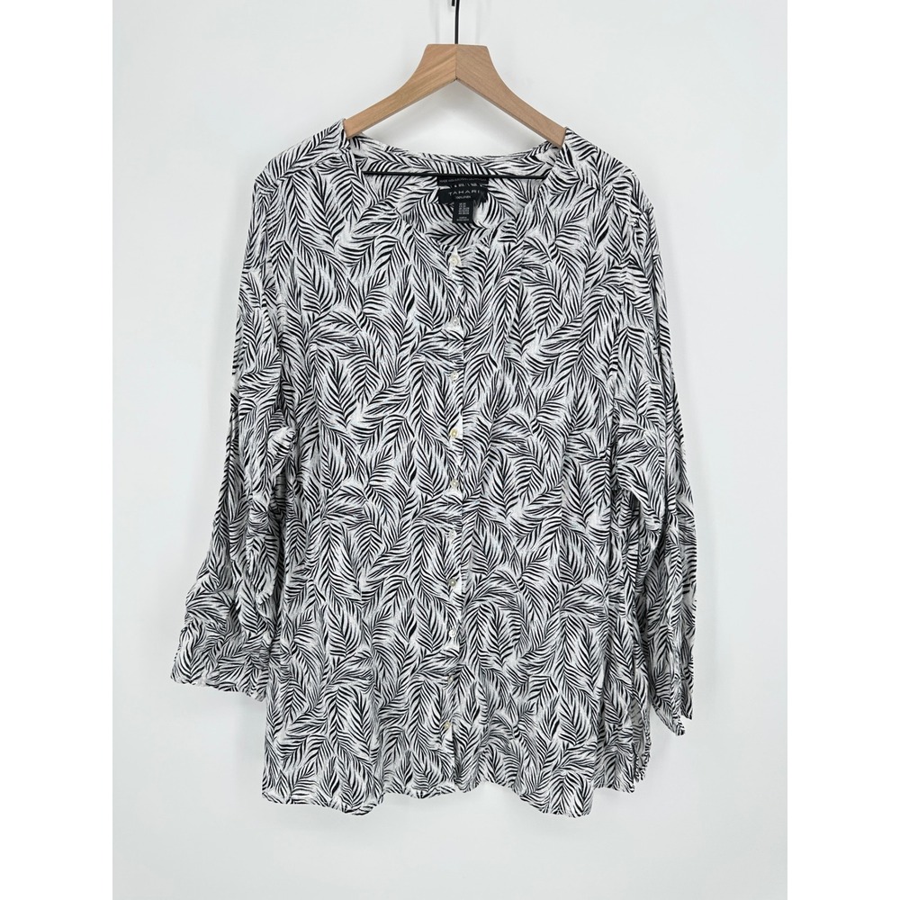 Tahari Button Down Tunic Top  3X Black White 100% Linen Palm Leaf Print Blouse